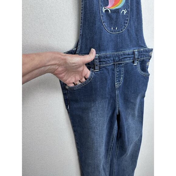 Cat & Jack Girls Distressed Blue Stretch Denim Bib Overalls Large 10-12 Unicorn - Picture 6 of 16
